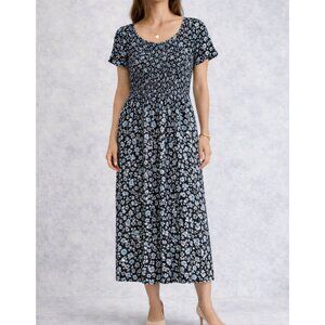 Vintage Coldwater Creek Black Blue Floral Short Sleeve Smocked Midi Dress Large